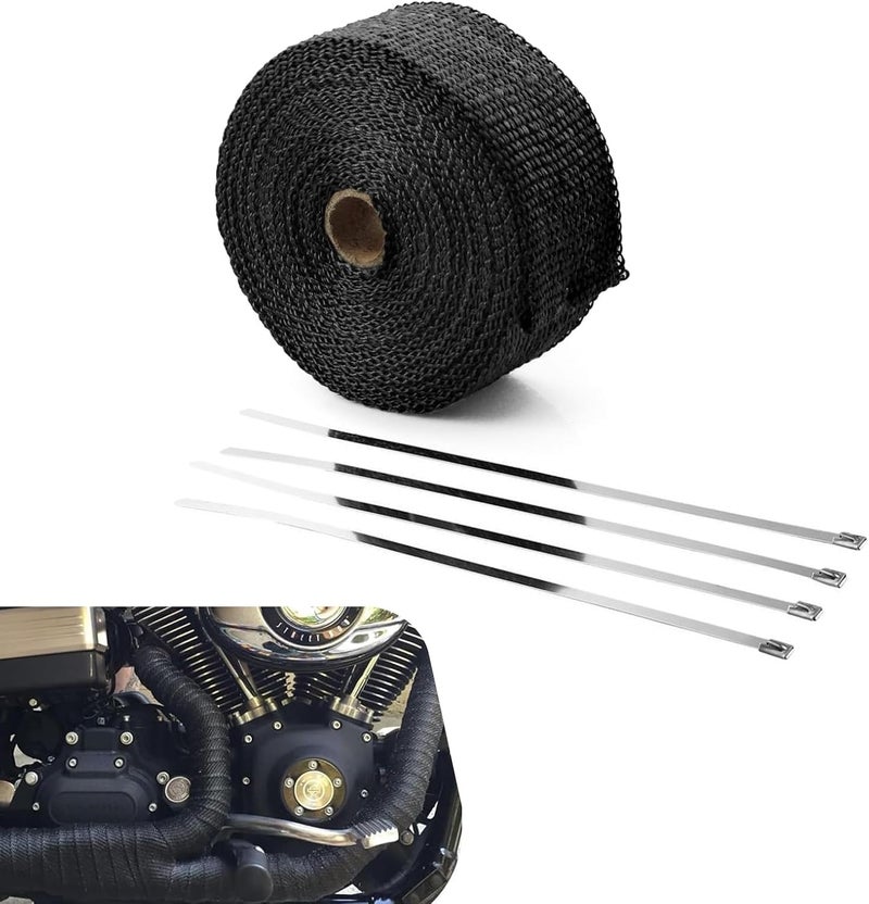 Bawkars Car Exhaust Heat Wrap, 196" Motorcycle Fiberglass Heat Resistant Fabric Shield Tape, Fiber Heat Insulation Tape, Universal Cuttable Protective Modification (Black) - Image 1
